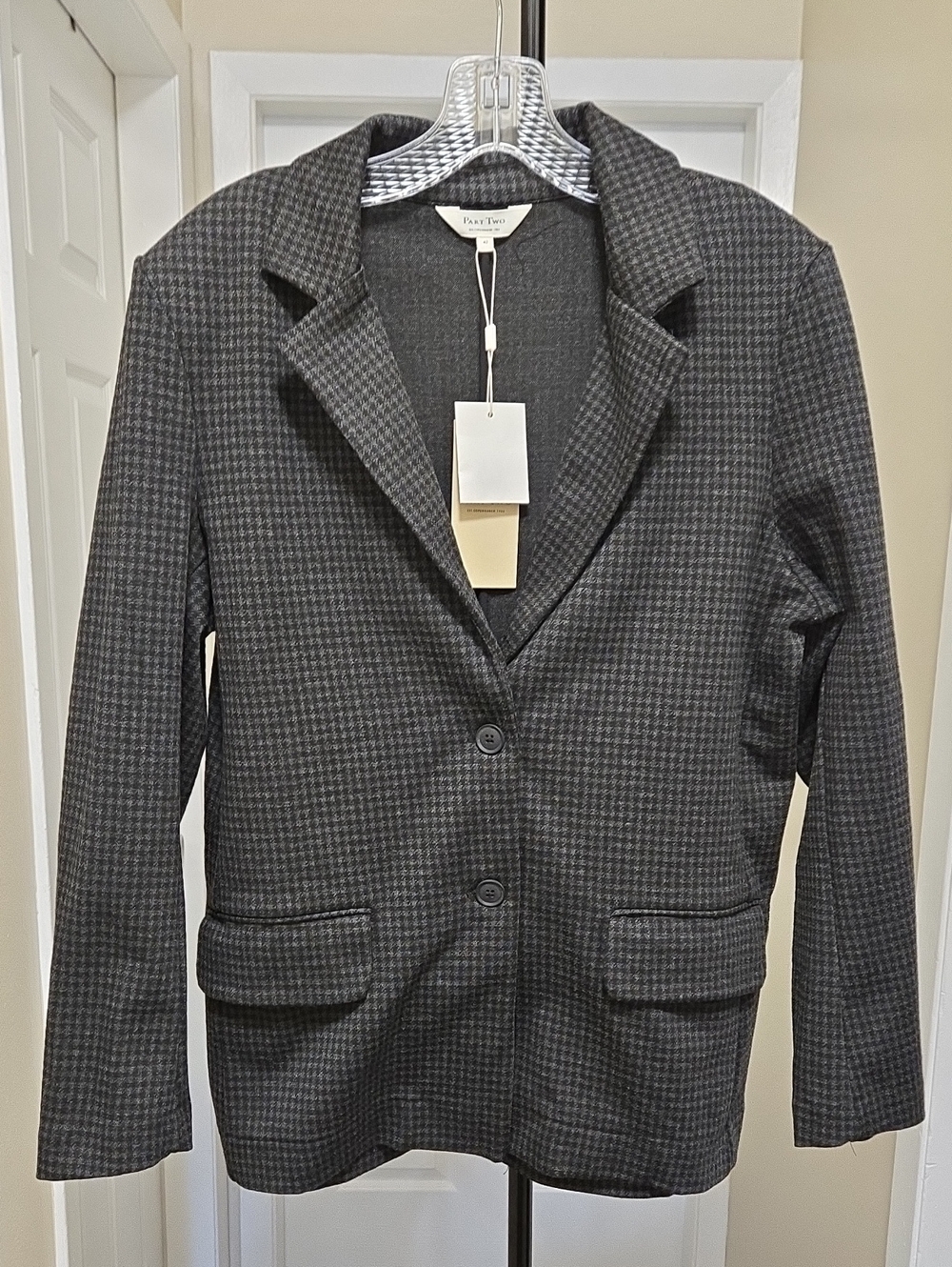 NWT Part Two Dark Charcoal Houndstooth Stretch Blazer Jacket Career Office Chic - Picture 2 of 10